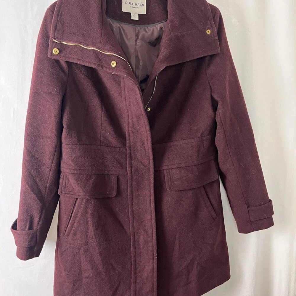 Cole Haan Coat Size 10 Wool Bordeaux Dark Red Burgundy Stand Up Collar